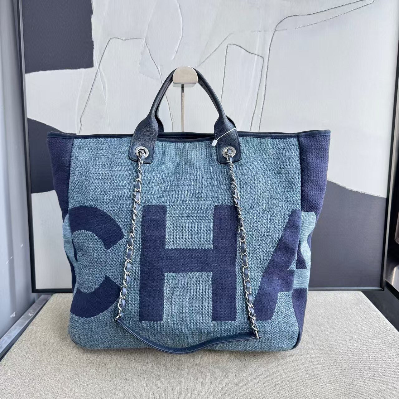 Chanel Deauville Tote Bag Blue Canvas 2018 Preloved Large