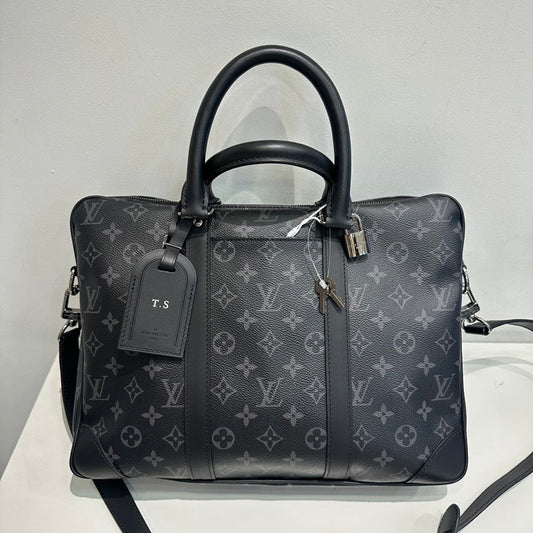 Pre-loved Louis Vuitton Monogram Shadow Tote Bag in Black Leather Crossbody