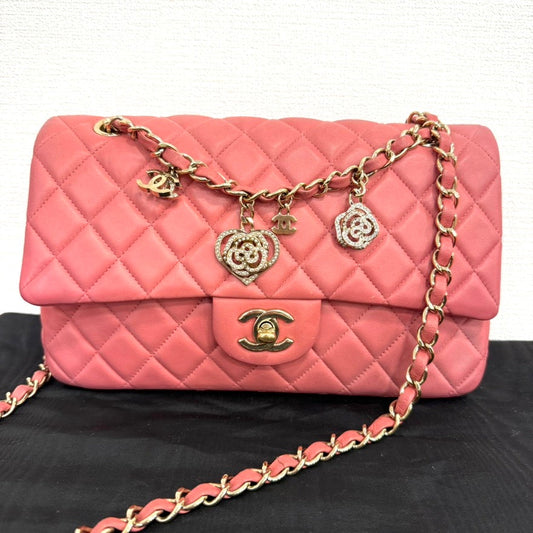 Chanel Lambskin Single Flap Bag Medium Pink Shoulder Bag with Charms Series  FM