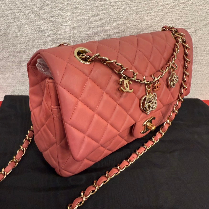 Chanel Lambskin Single Flap Bag Medium Pink Shoulder Bag with Charms Series  FM