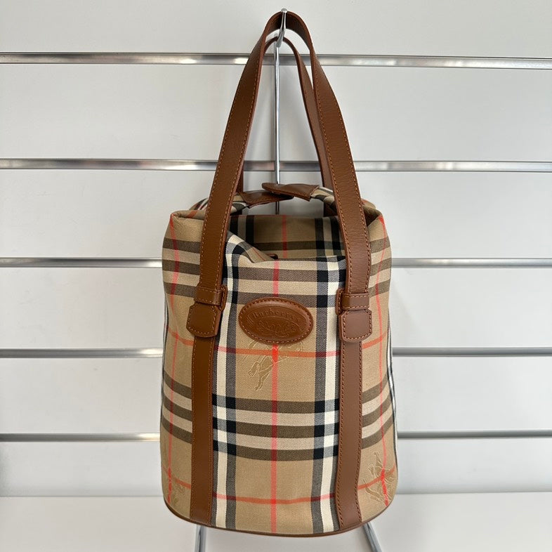 Pre-loved Burberry Plaid Beige Tote Handbag