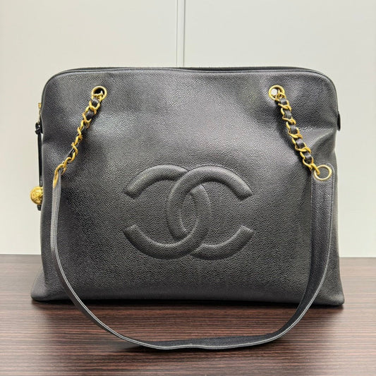 Vintage Chanel Caviar Leather Chain Tote Bag NGG Black Shoulder Bag
