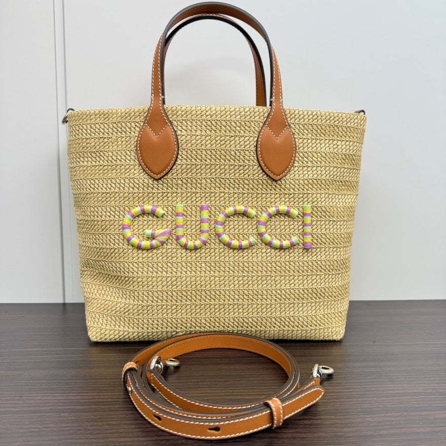 Gucci Straw Leather Beige 2-Way Tote Bag LB110057