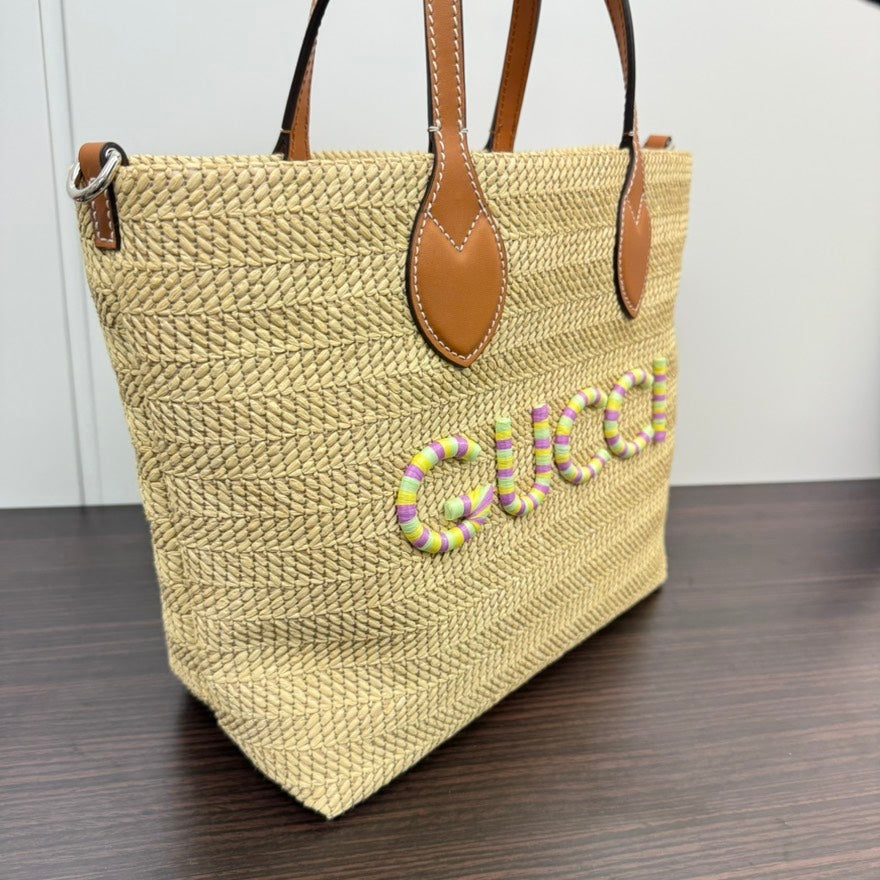 Gucci Straw Leather Beige 2-Way Tote Bag LB110057