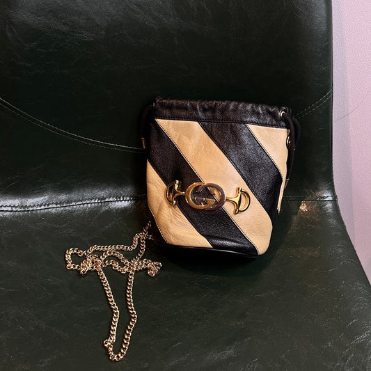 Preloved Gucci Black and Beige Leather Chain Shoulder Bag AF708