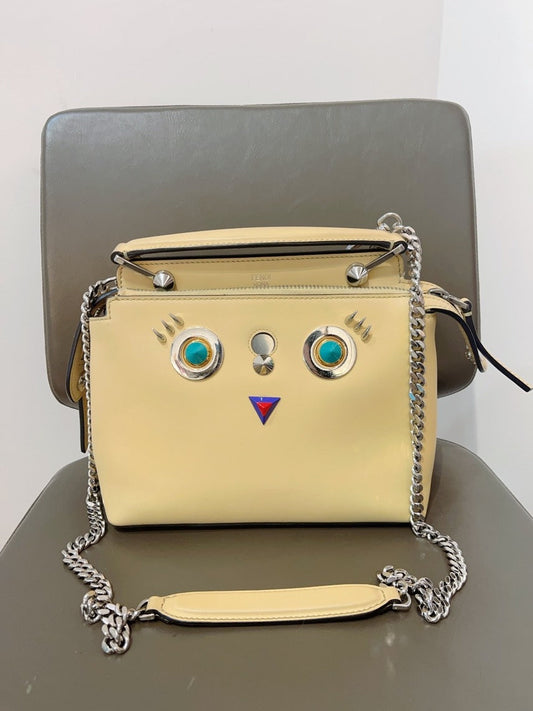 Fendi 2Ways Cream Leather Tote Bag with Unique Face Design