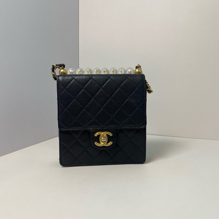Chanel Quilted Black Crossbody Bag with Pearl Strap