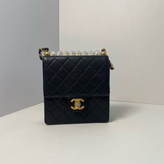 Chanel Quilted Black Crossbody Bag with Pearl Strap