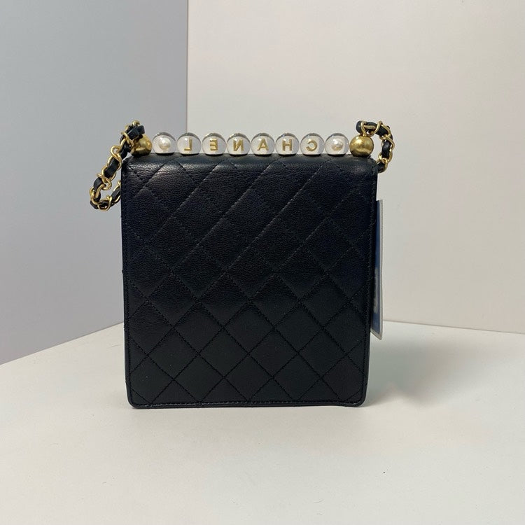 Chanel Quilted Black Crossbody Bag with Pearl Strap
