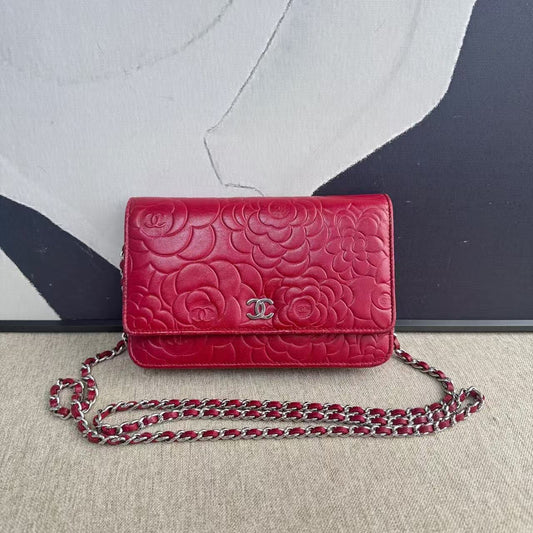 Preloved Chanel WOC Red Leather Camellia Embossed Crossbody Bag 2014