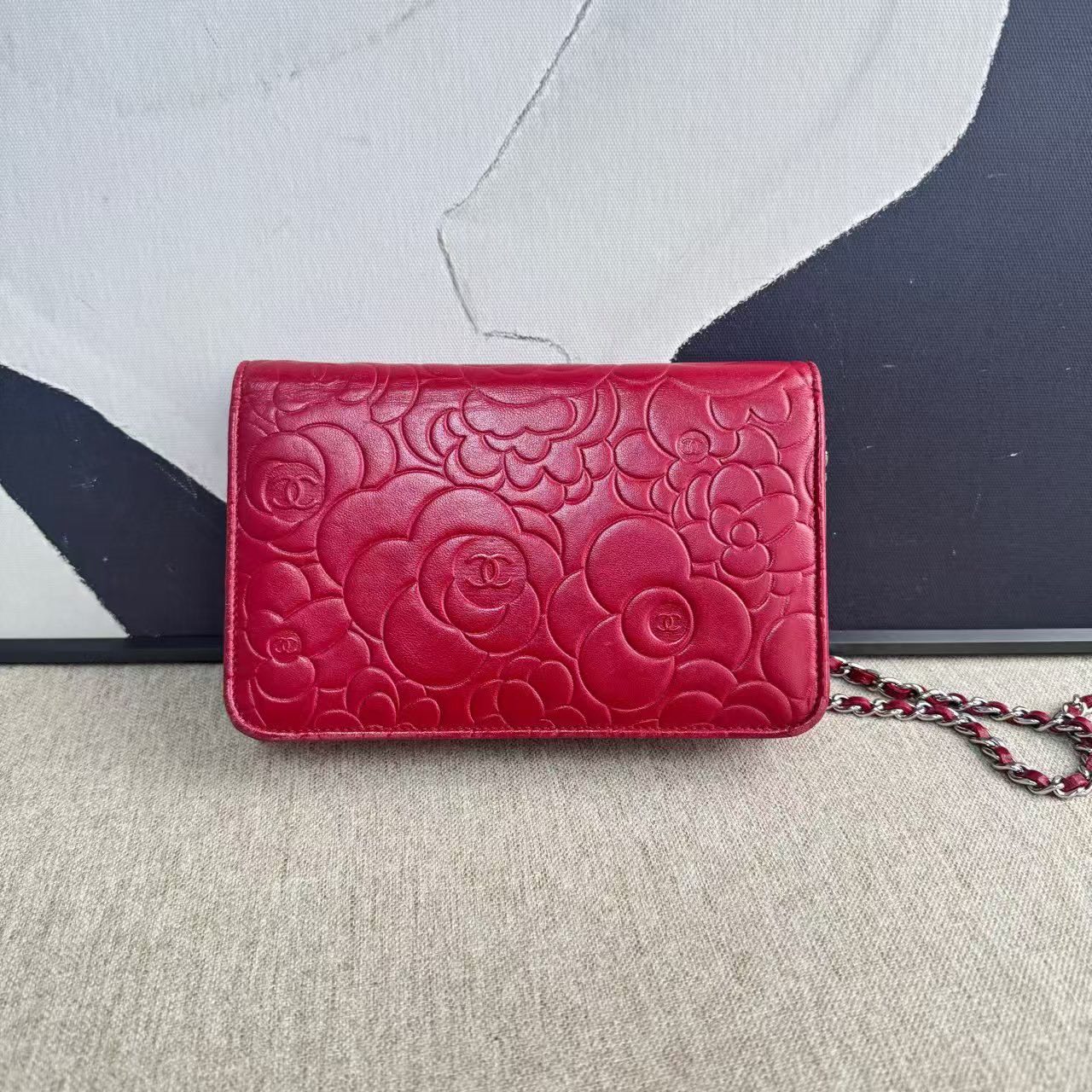 Preloved Chanel WOC Red Leather Camellia Embossed Crossbody Bag 2014