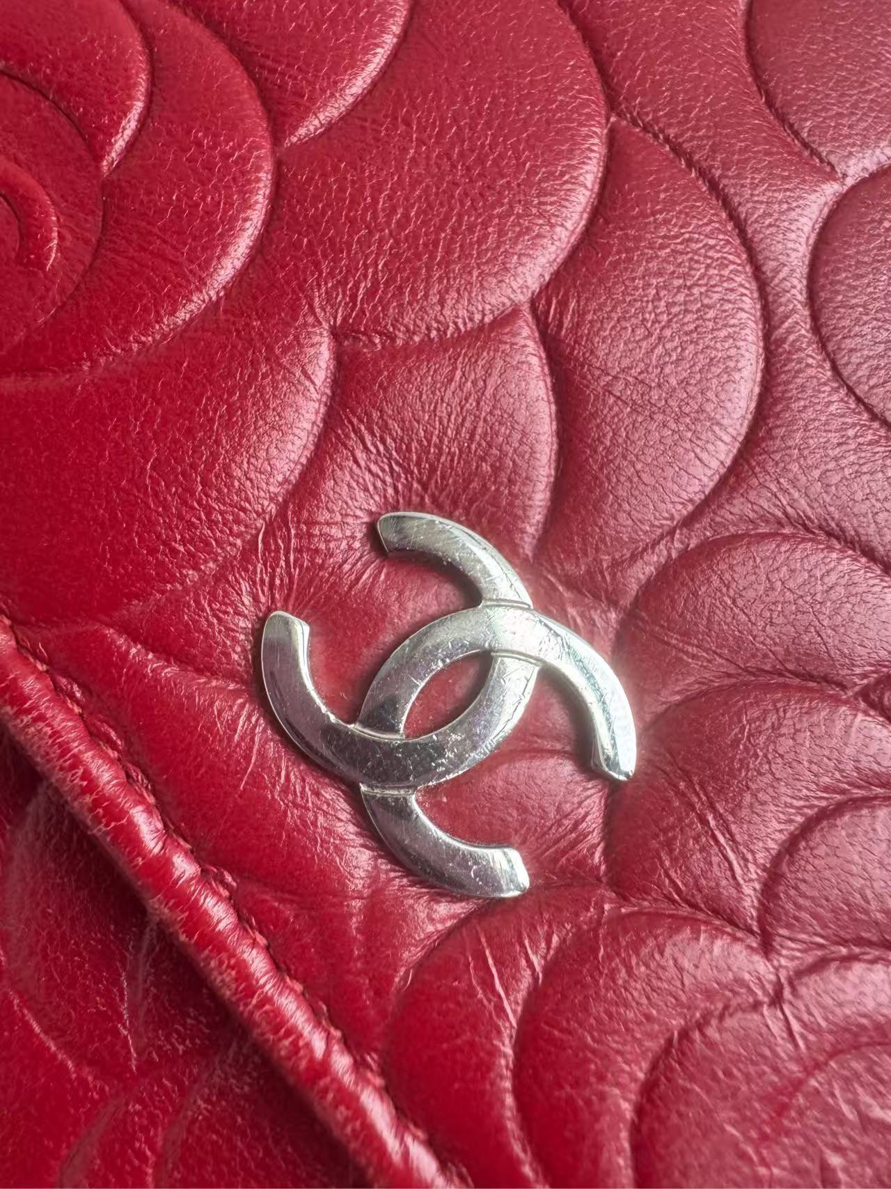 Preloved Chanel WOC Red Leather Camellia Embossed Crossbody Bag 2014