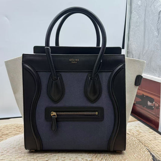 Celine Luggage Tote Bag, Black Canvas Leather, Preloved