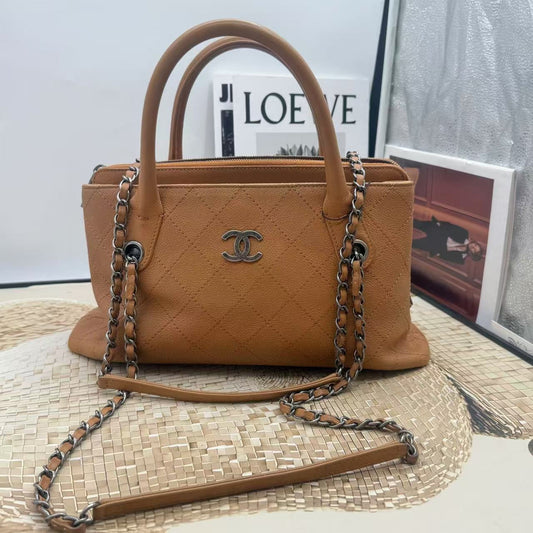 Chanel Preloved Two-Way Bag Tan Quilted Leather 2017