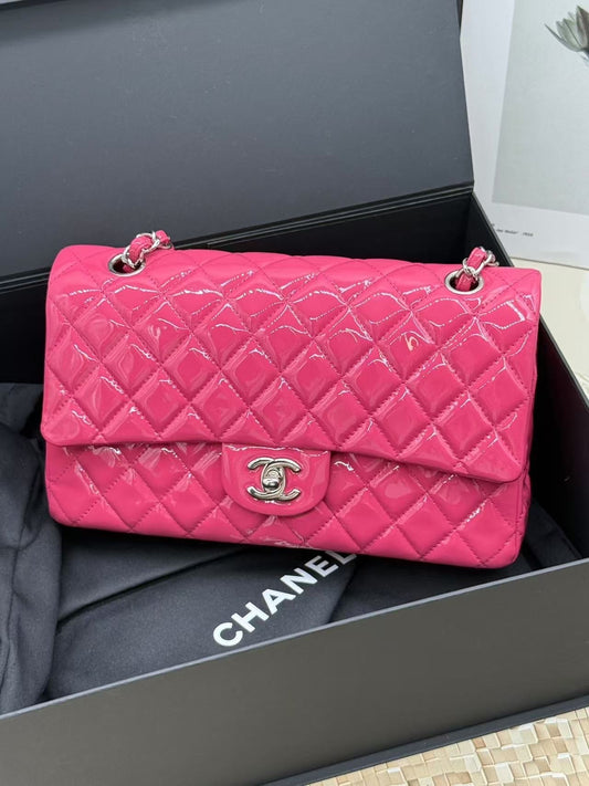 Chanel Double Flap CF Medium Pink Patent Shoulder Bag 2014 Full Set