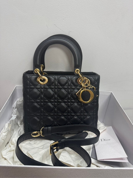Lady Dior Medium Black Leather Top Handle Bag with Gold Hardware - Preloved Full Set