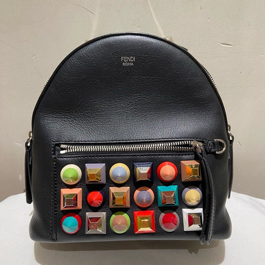 Fendi Preloved Multicolored Studded Leather Backpack Black