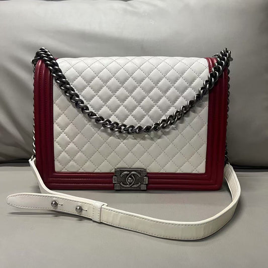 Chanel LeBoy Shoulder Bag in White and Red Leather - Designer Handbag