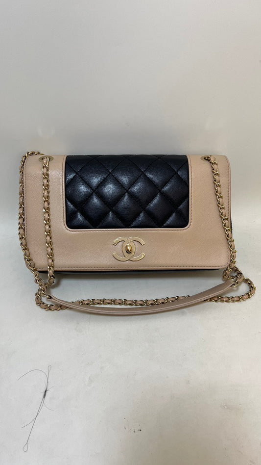 Chanel Double Flap Chain Bag Beige & Black Leather Shoulder Bag