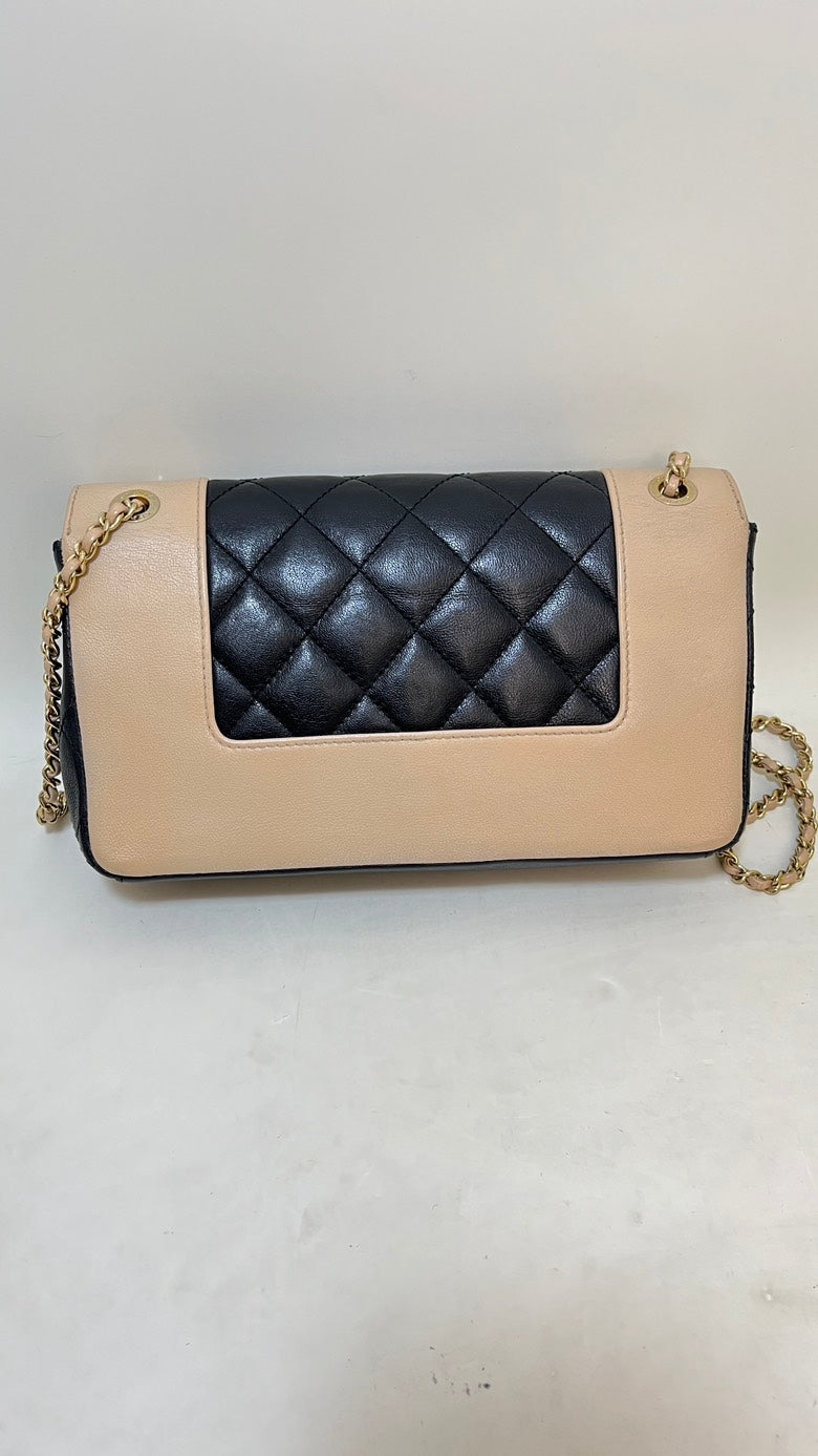 Chanel Double Flap Chain Bag Beige & Black Leather Shoulder Bag