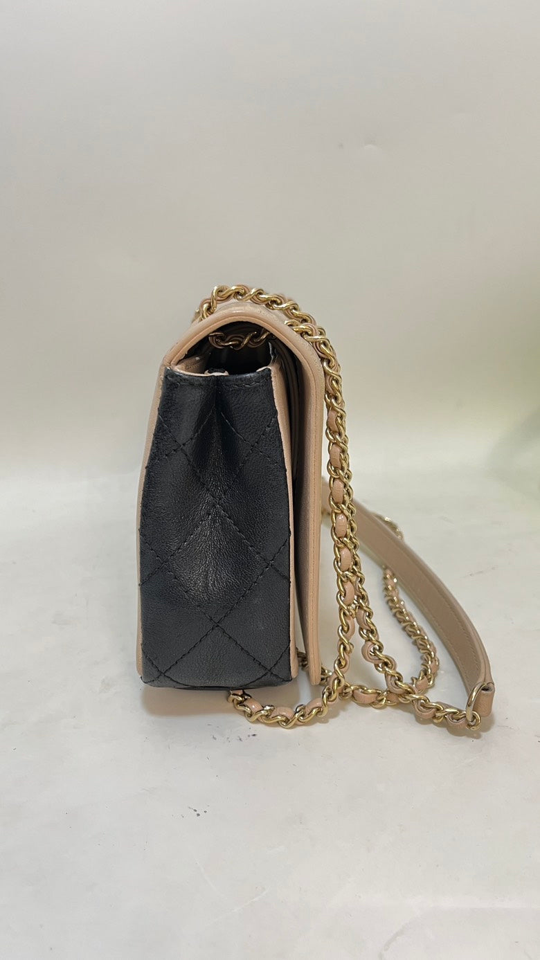 Chanel Double Flap Chain Bag Beige & Black Leather Shoulder Bag