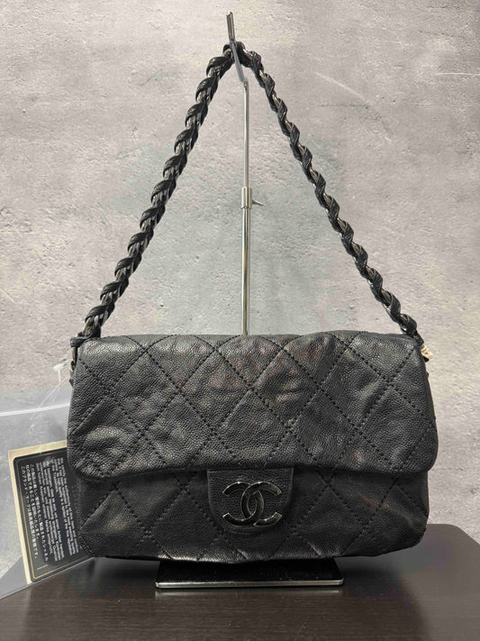 Chanel Caviar Flap Shoulder Bag Black Leather RE