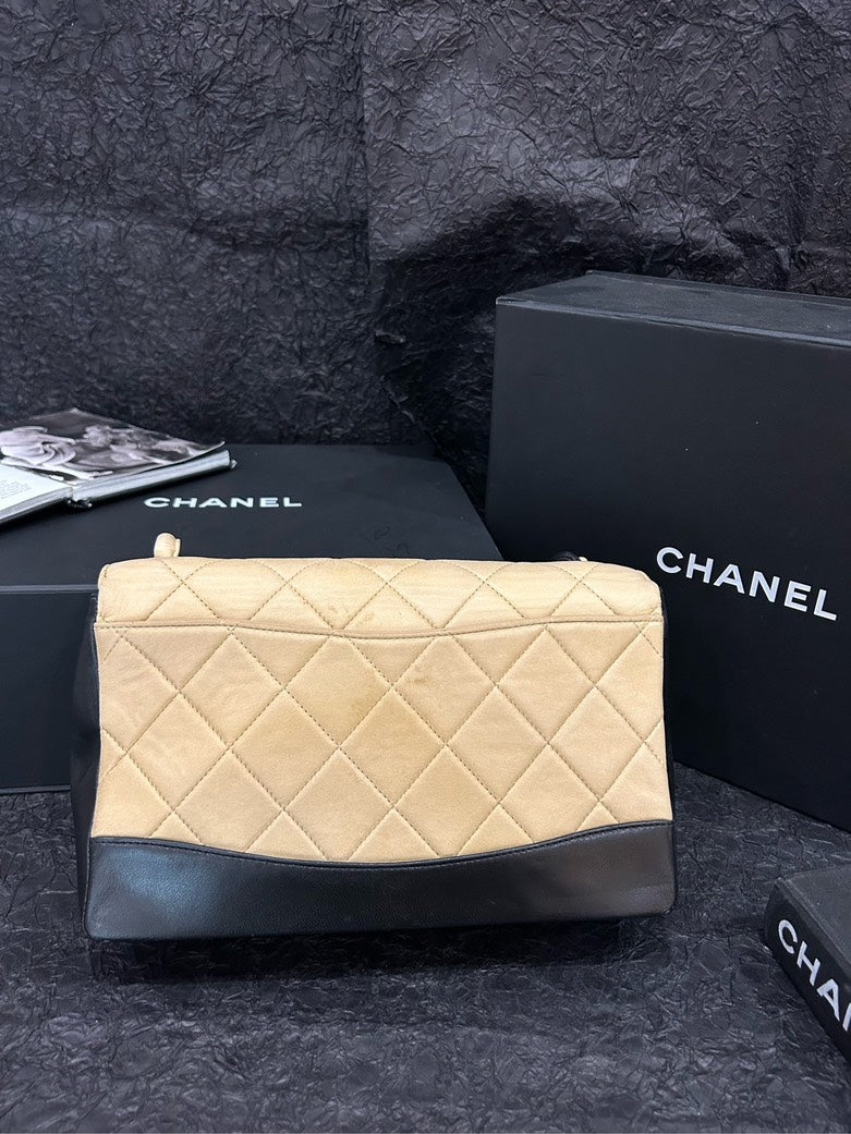 Chanel Beige and Black Quilted Leather Single Flap Shoulder Bag cm