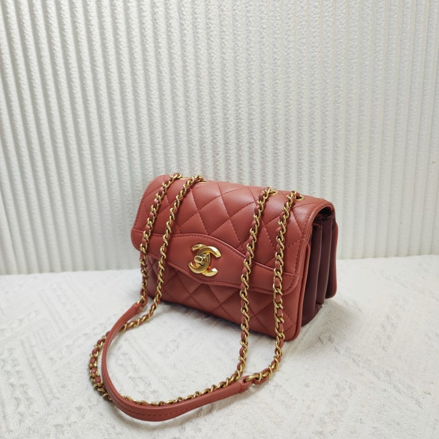 Chanel Classic Flap Bag Red Leather Shoulder Bag xr