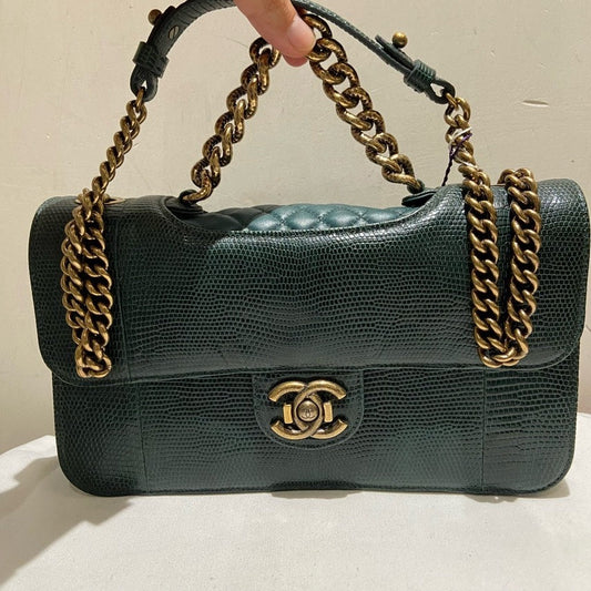Chanel Lizard Skin Flap Bag Green Shoulder Bag