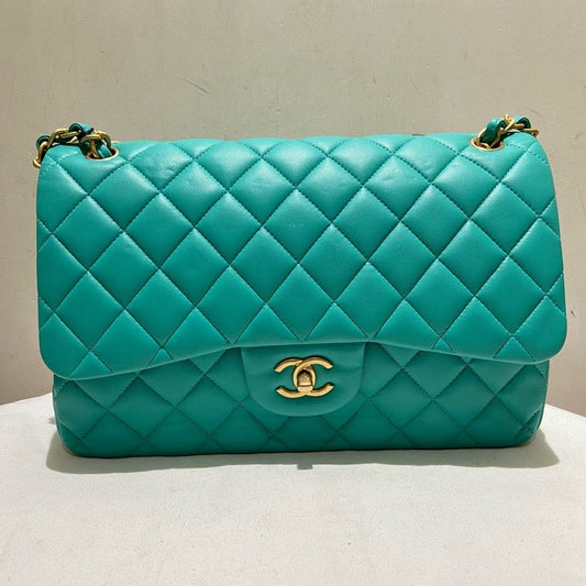 Chanel Double Flap Jumbo Lambskin Shoulder Bag in Turquoise
