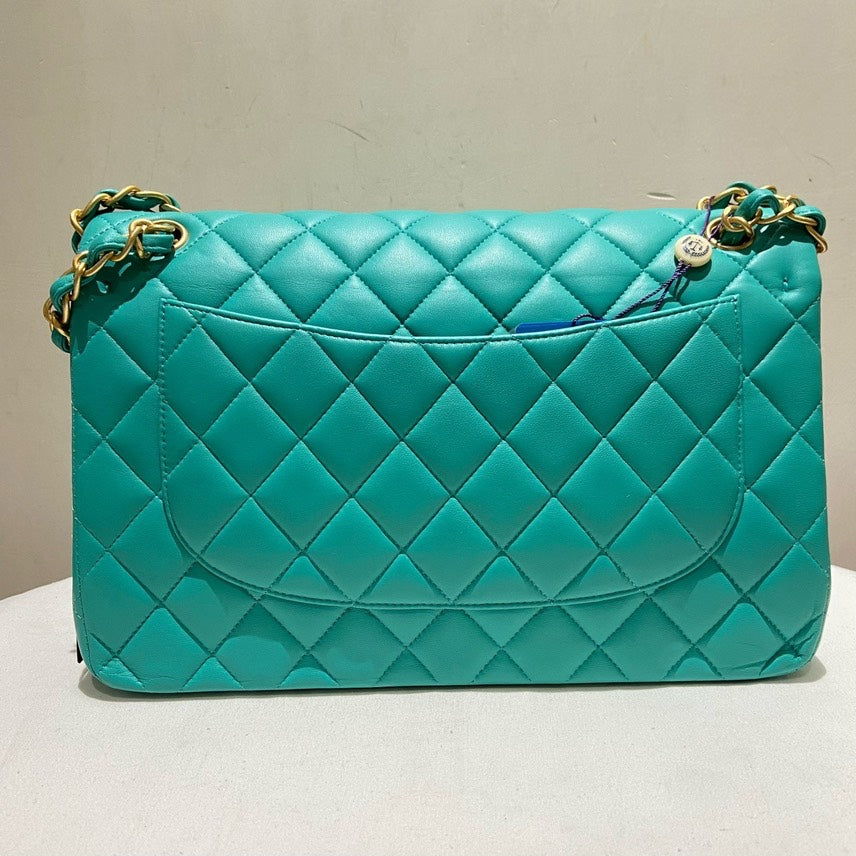 Chanel Double Flap Jumbo Lambskin Shoulder Bag in Turquoise