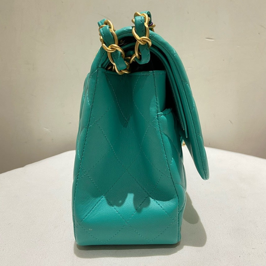 Chanel Double Flap Jumbo Lambskin Shoulder Bag in Turquoise
