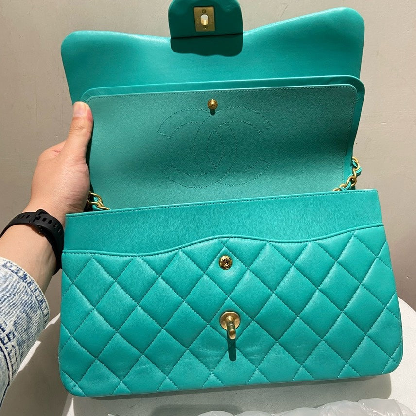 Chanel Double Flap Jumbo Lambskin Shoulder Bag in Turquoise