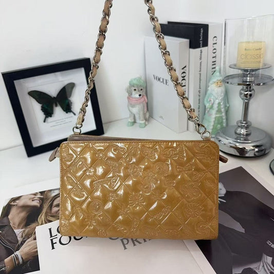 CHANEL Patent Leather Shoulder Bag Brown