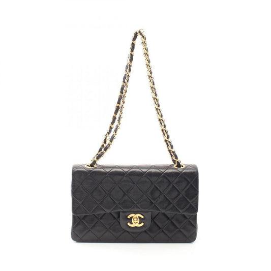 CHANEL Matelassé Double Flap Chain Shoulder Bag Lambskin Black Gold Hardware Vintage