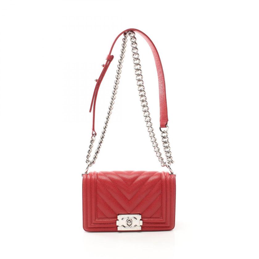 CHANEL Boy Small Chevron V-stitch Chain Shoulder Bag Red Silver Hardware