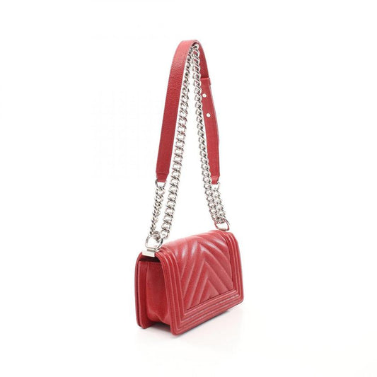 CHANEL Boy Small Chevron V-stitch Chain Shoulder Bag Red Silver Hardware