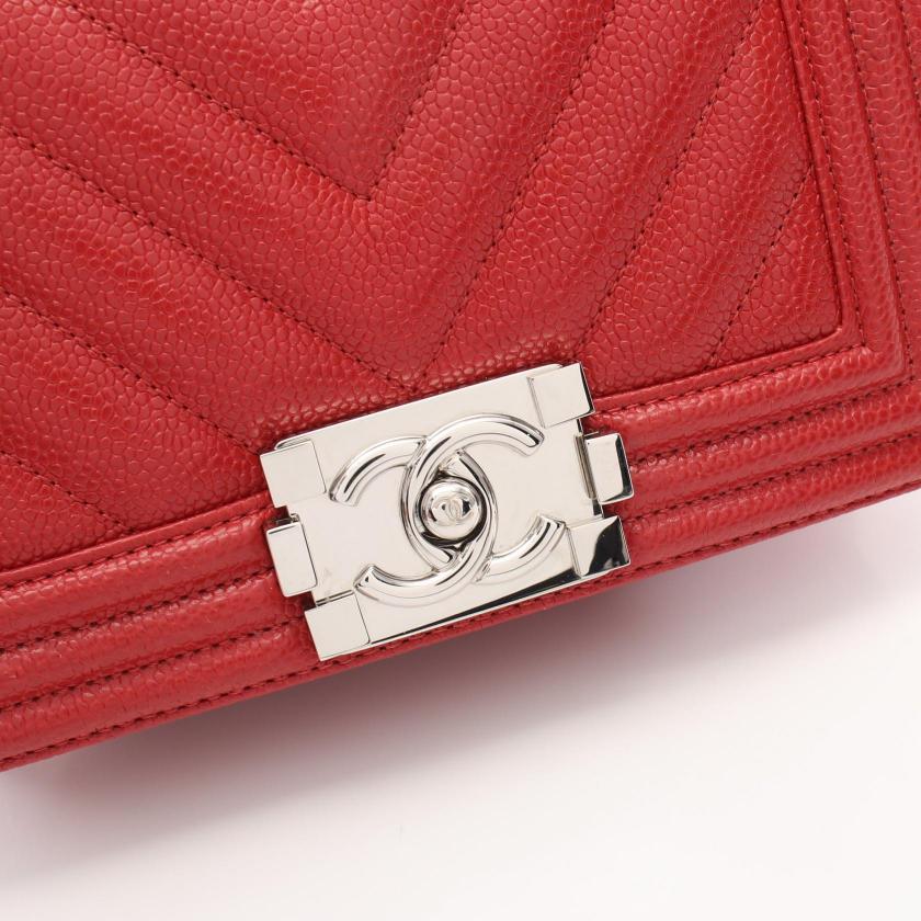 CHANEL Boy Small Chevron V-stitch Chain Shoulder Bag Red Silver Hardware