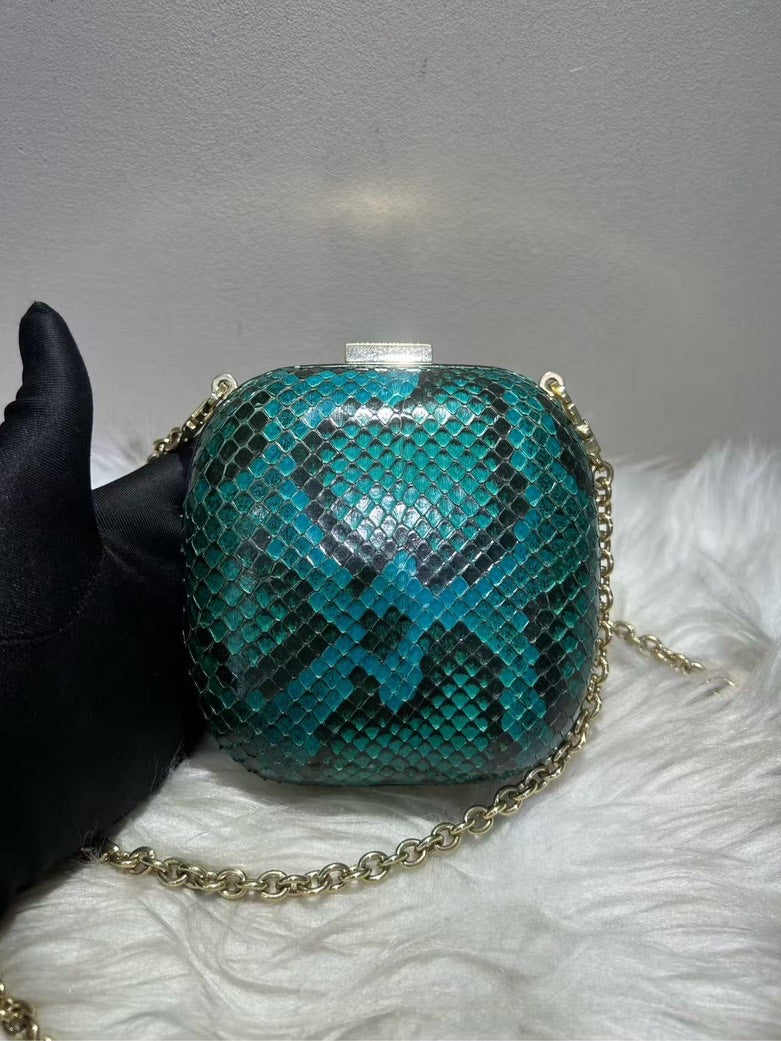 Pre-loved GUCCI Mini Python Effect Clutch Green Shoulder Bag