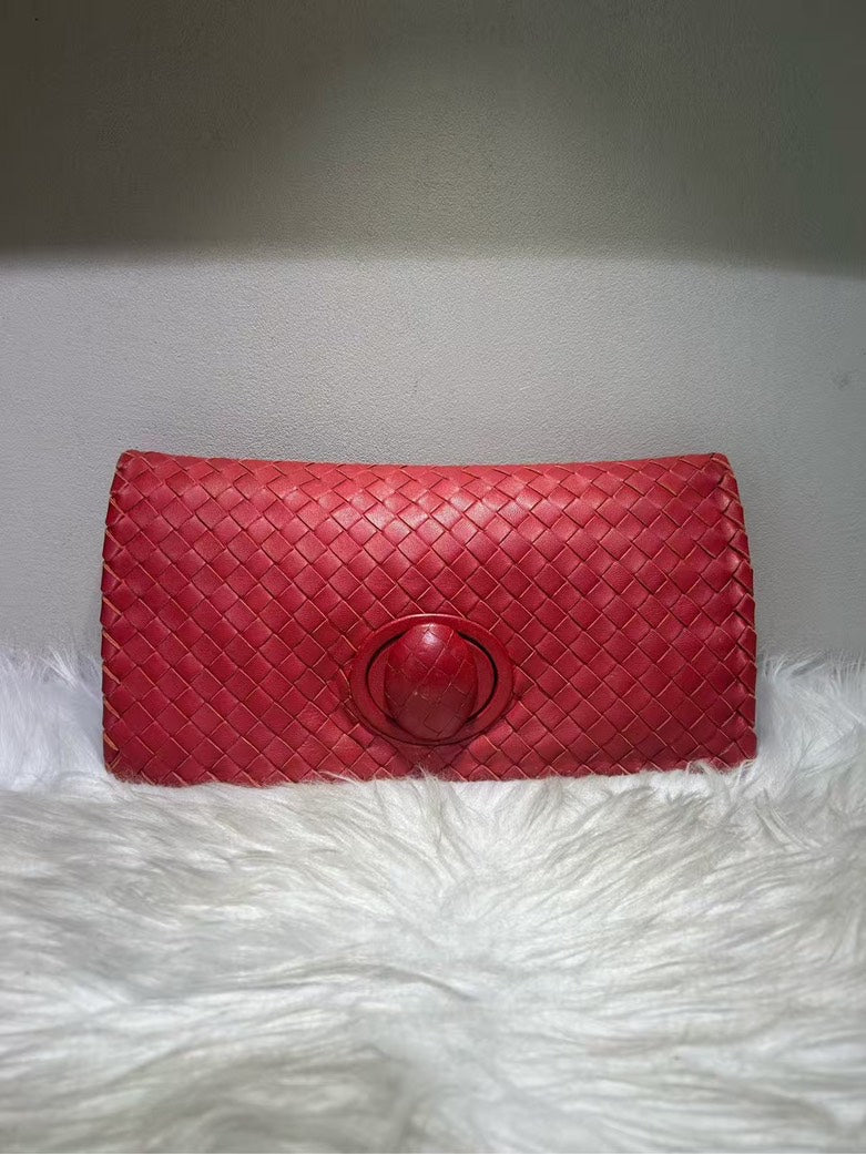 Bottega Veneta Intrecciato Red Leather Clutch
