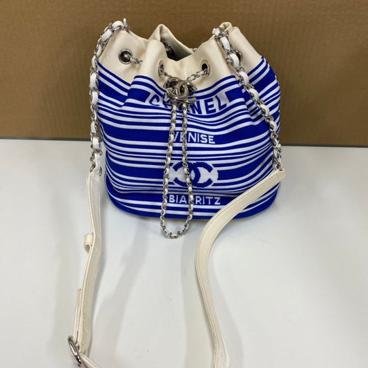 Preloved Chanel E56174 Blue & White Striped Bucket Bag