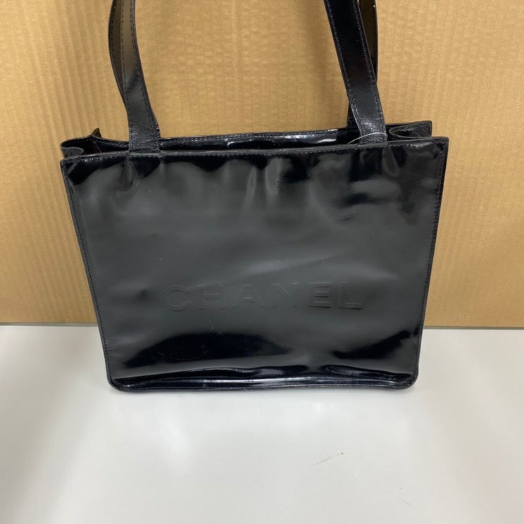 Preloved Chanel Square Tote Bag Black Patent Leather Handbag E9941