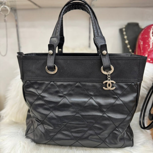CHANEL Paris Beerlit Tote MM Black Leather Canvas Tote Bag