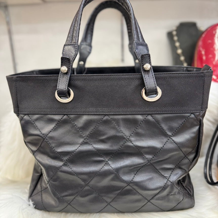 CHANEL Paris Beerlit Tote MM Black Leather Canvas Tote Bag
