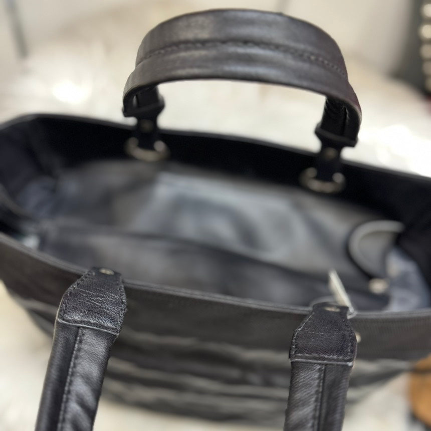 CHANEL Paris Beerlit Tote MM Black Leather Canvas Tote Bag