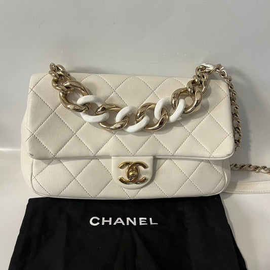Chanel Classic Flap Bag White Leather Shoulder Bag