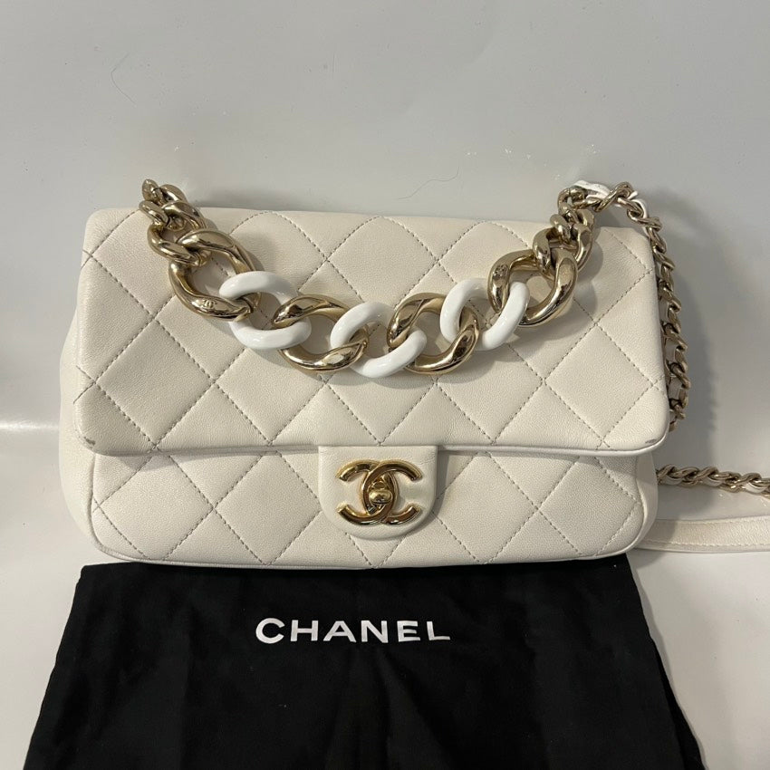 Chanel Classic Flap Bag White Leather Shoulder Bag