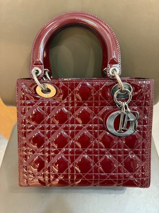 Lady Dior Patent Leather Wine Color Medium Size Handle Bag