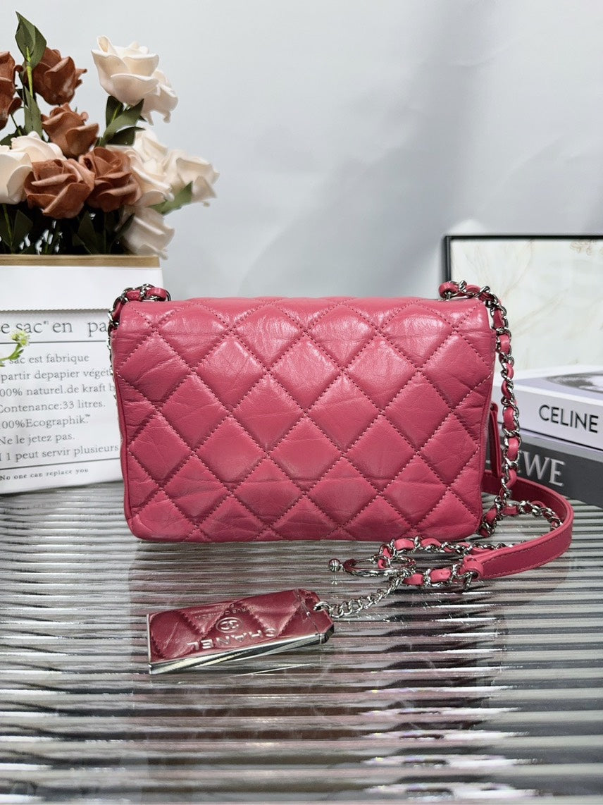 Preloved Chanel Classic Flap Bag Pink Leather Shoulder Bag HFY