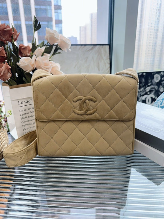 Vintage Chanel Quilted Satchel Beige Suede Shoulder Bag